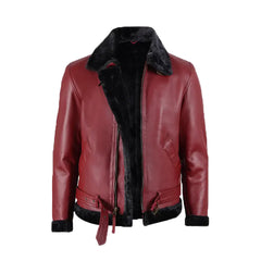 Men's Maroon Leather Shearling Bomber Jacket