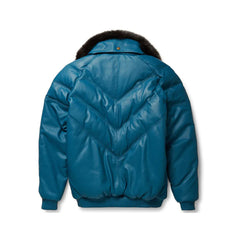 Men's Teal Leather V-Bomber Jacket