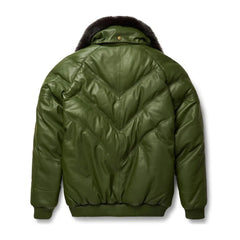 Men's Olive Leather V-Puffer Jacket