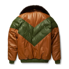 Men's Brown & Green Leather V-Puffer Jacket