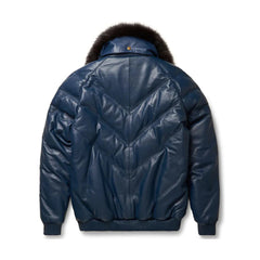 Men's Navy Leather V-Bomber Jacket