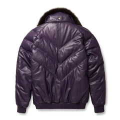 Men's Purple Leather V- Puffer Jakcet