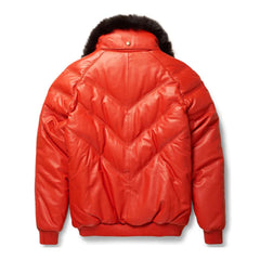 Men's Orange Leather V-Bomber Jacket