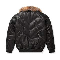 Men's Black Leather V-Bomber Jacket with Crystal Faux Fur