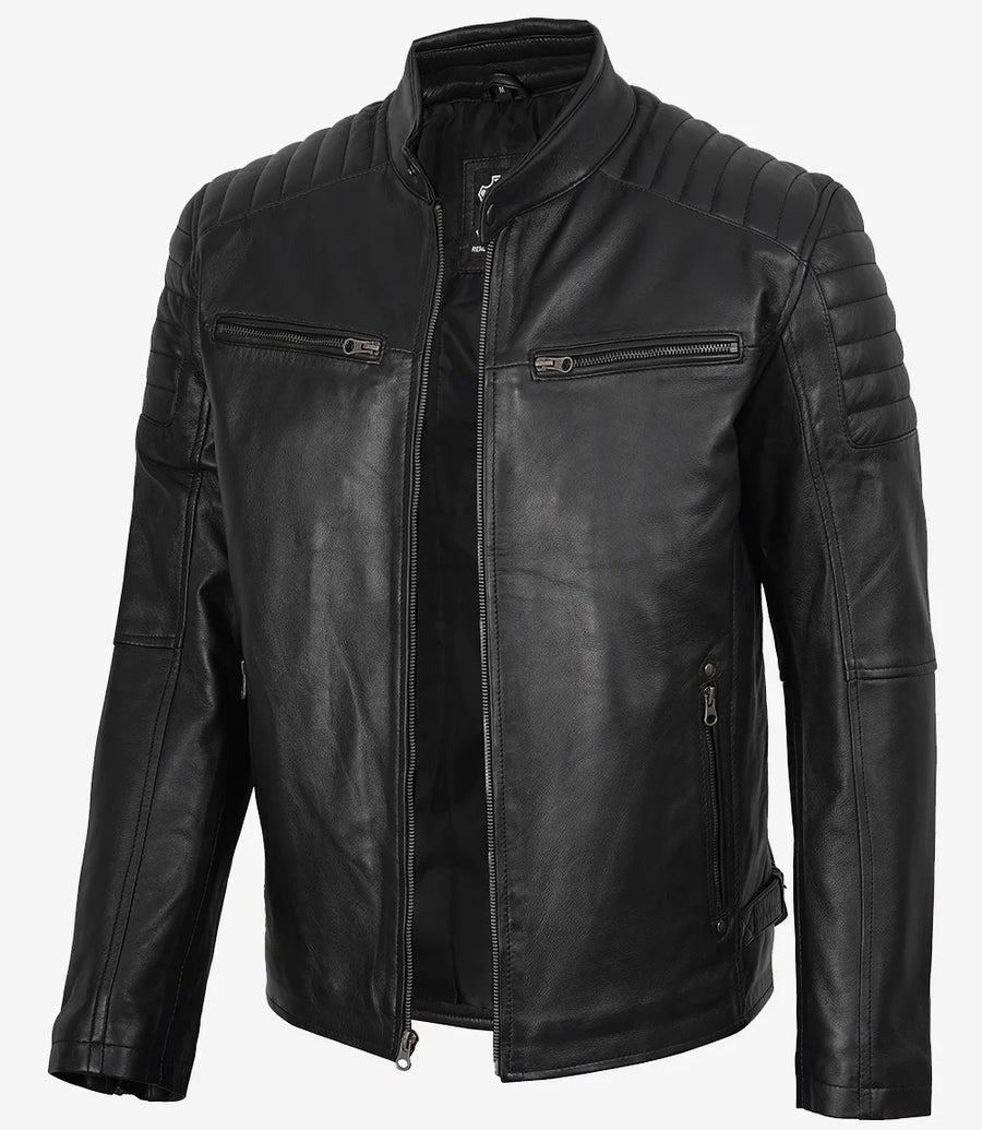 black Men’s Cafe Racer Leather Jacket side view
