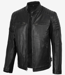 black Men’s Cafe Racer Leather Jacket side view