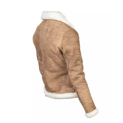 Women White Shearling B-3 Leather Bomber Distressed Beige Jacket