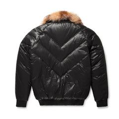 Men's Black Leather V-Puffer Jacket