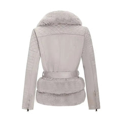 Women’s Gray Quilted Fur Leather Jacket