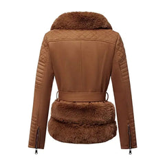 Women Brown Quilted Fur Leather Jacket